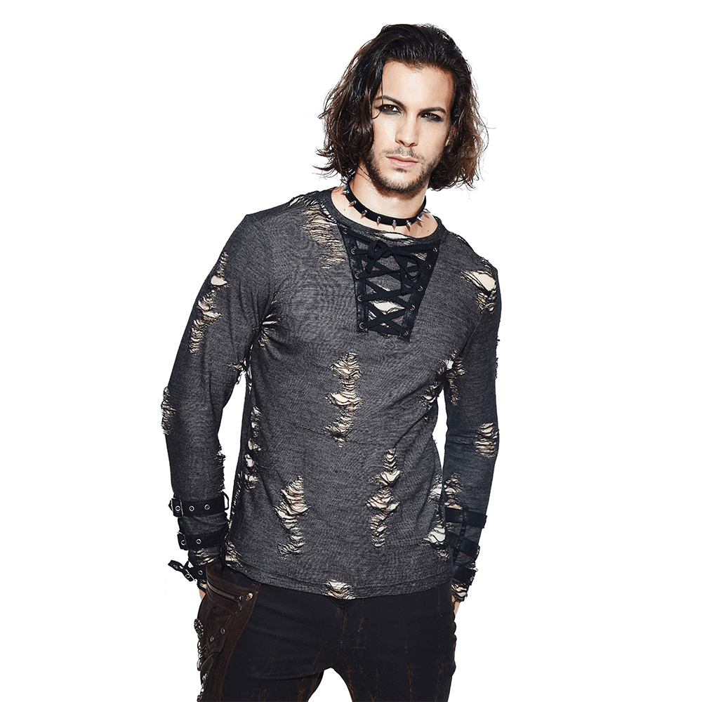 Men's fashion punk long sleeve ripped sweatshirt with lace-up detail and distressed design.