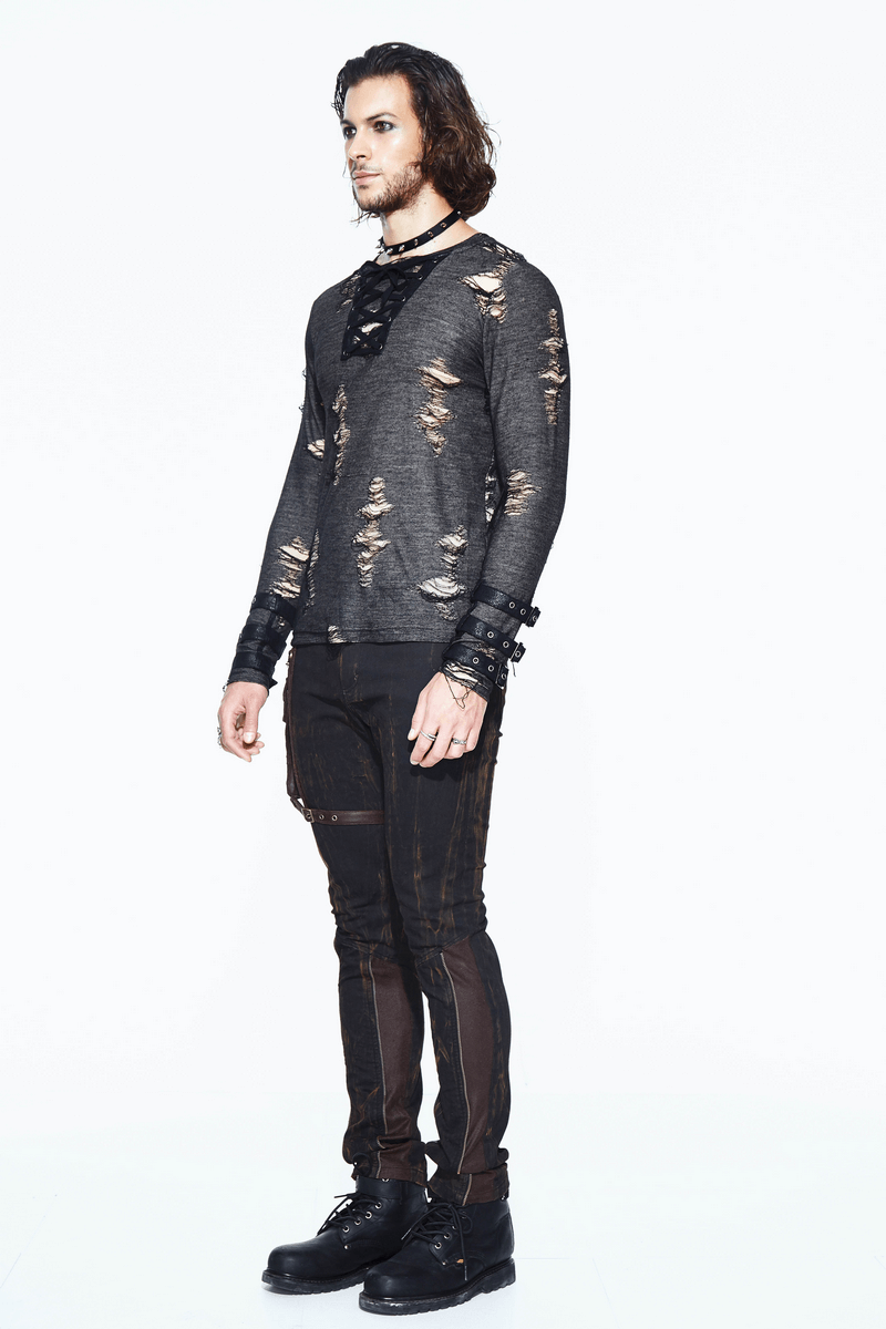 Punk men's long sleeve ripped sweatshirt with lace-up detailing and stylish ripped design, perfect for gothic fashion.