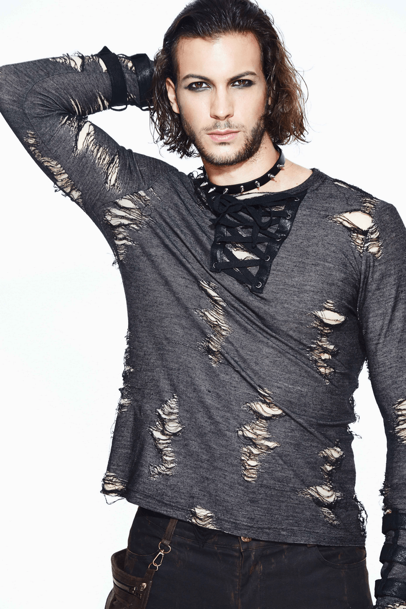Men's punk long sleeve ripped sweatshirt showing edgy design and modern fit for a stylish, bold look.