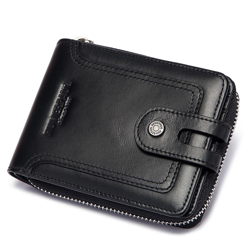 Genuine leather multifunction short wallet for men, sleek black design with zipper closure, perfect for daily use.