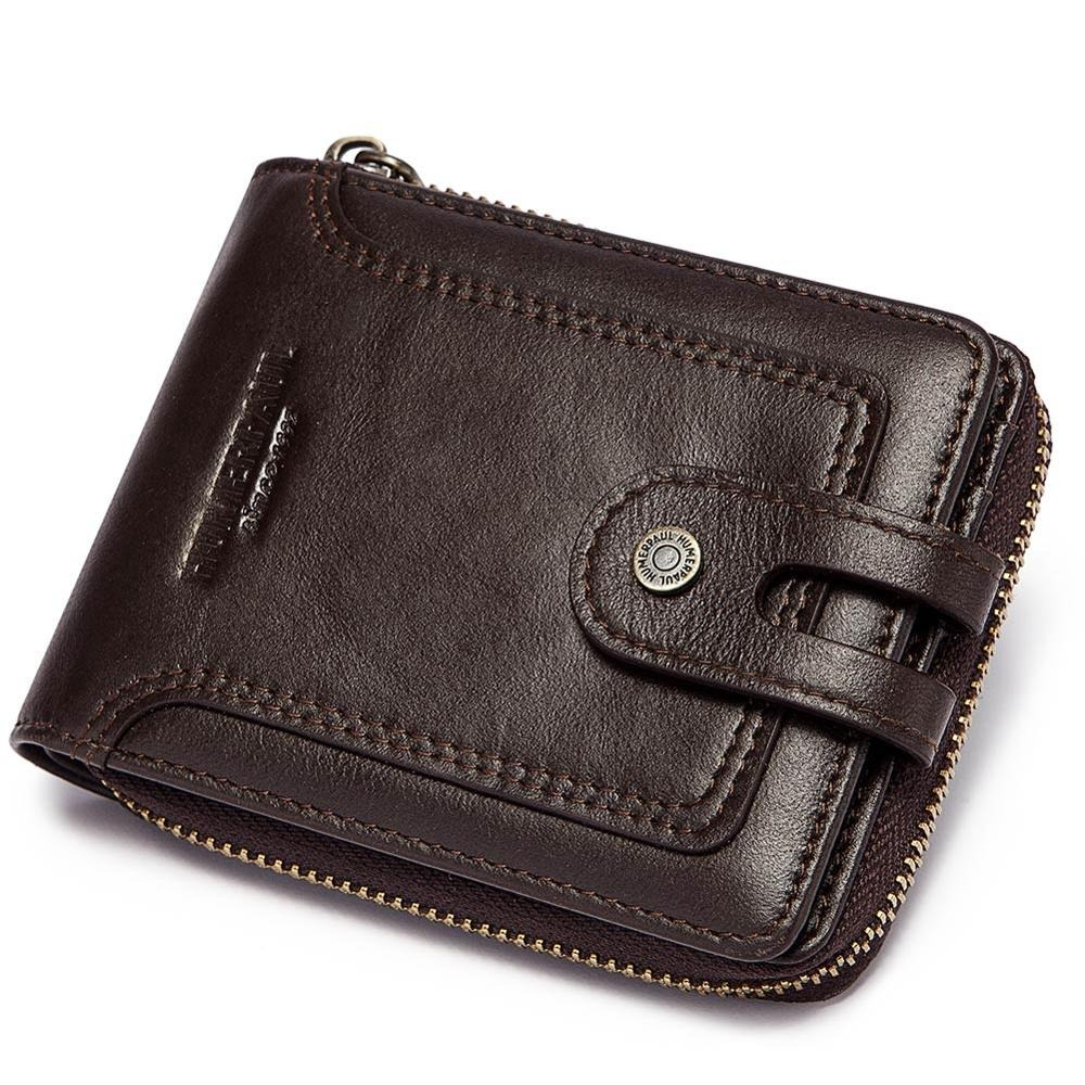 Trendy multifunction short wallet for men in genuine leather, featuring a stylish zipper design.