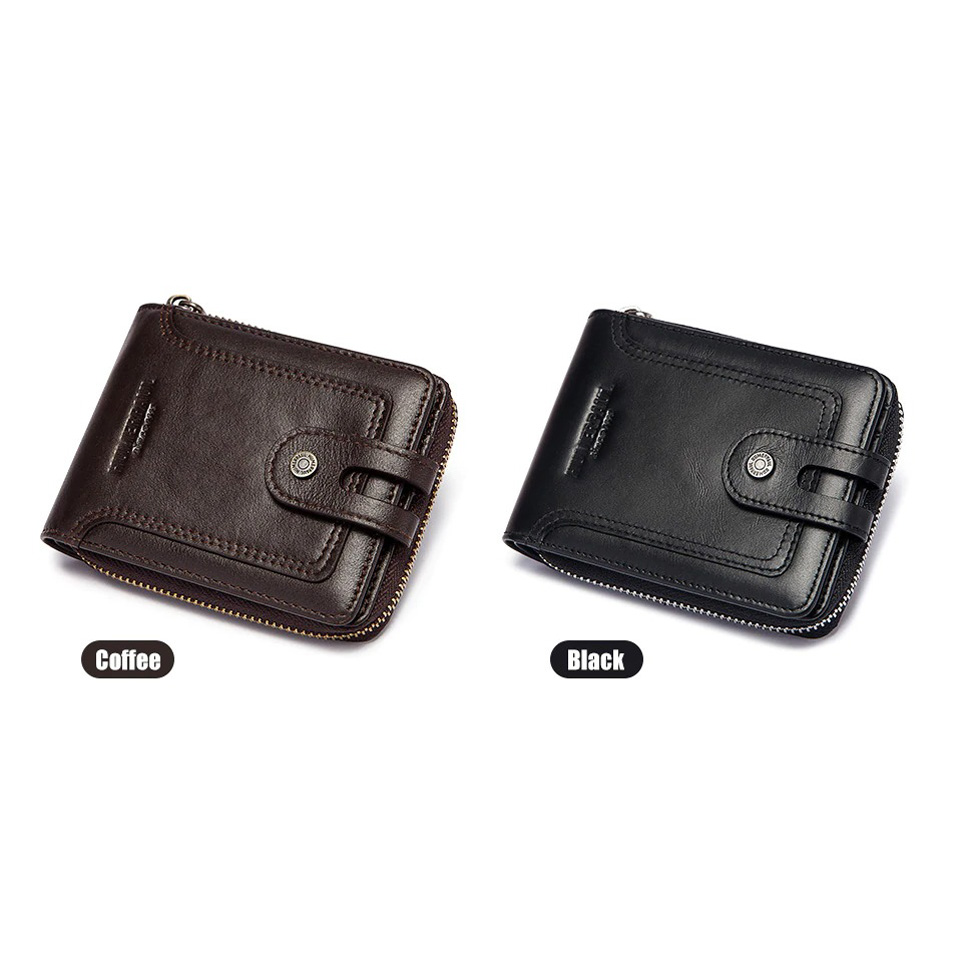 Genuine leather multifunction short wallet in coffee and black, perfect gift for men, trendy and practical.