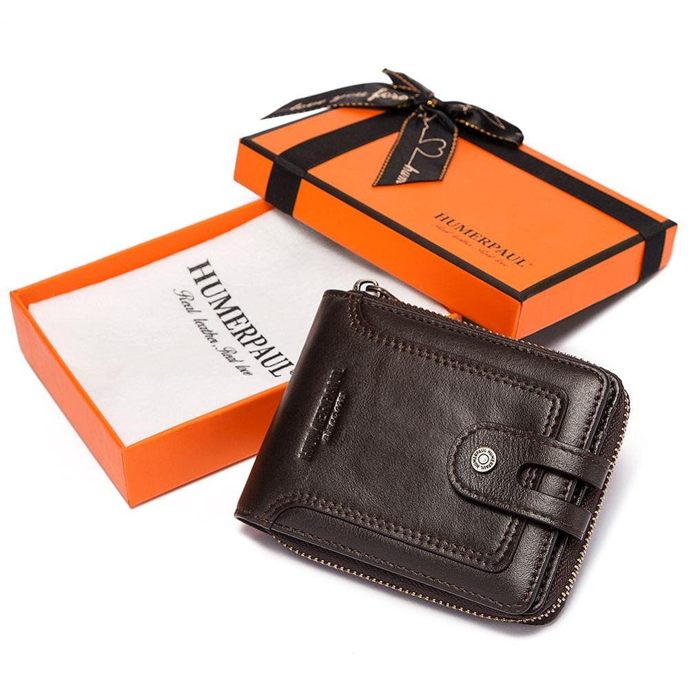 Genuine leather multifunction short wallet in a stylish gift box, perfect for men and trendy fashion lovers.