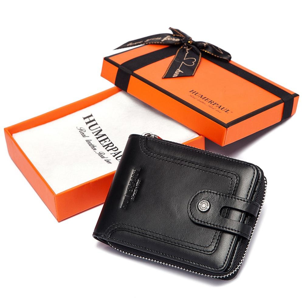Stylish multifunction short wallet in genuine leather with zipper, presented in an elegant gift box.