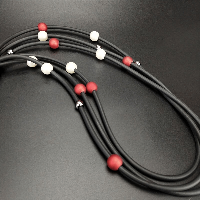 Fashion Red And White Pearls Long Necklace / Women's Luxury Jewelry / Handmade Rubber Accessories
