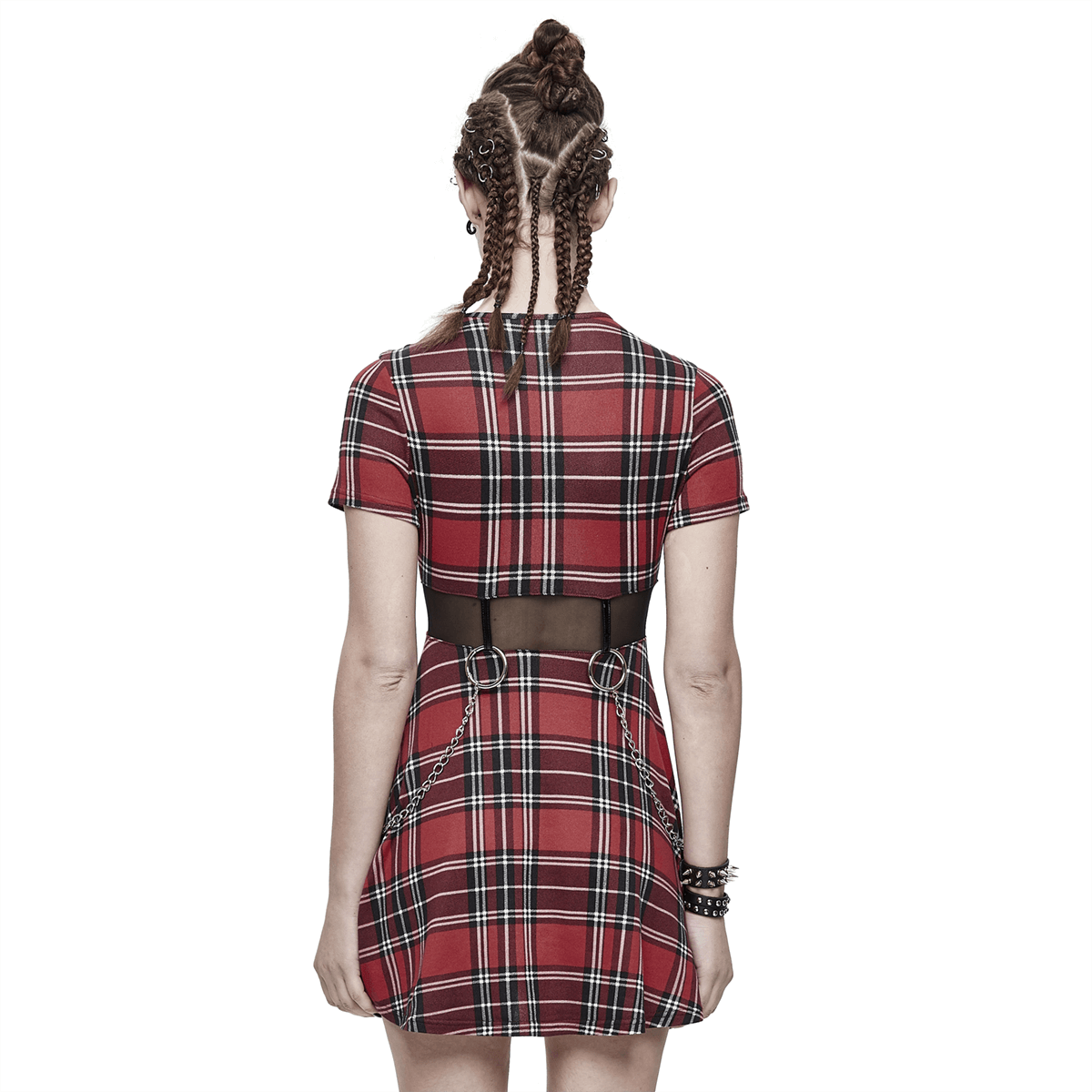 Fashion Red Plaid Short Dress in Punk Style / Women's Short Sleeve Mini Dress with Belt - HARD'N'HEAVY