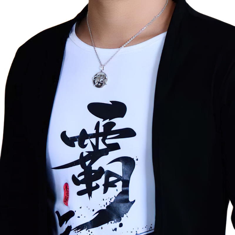 Fashion retro unisex pendant featuring mythical beast design, worn with stylish black jacket and graphic tee.