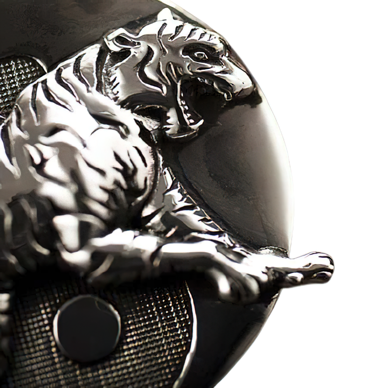 Close-up of a retro sterling silver pendant featuring a fierce tiger design, perfect for unisex stylish accessories.