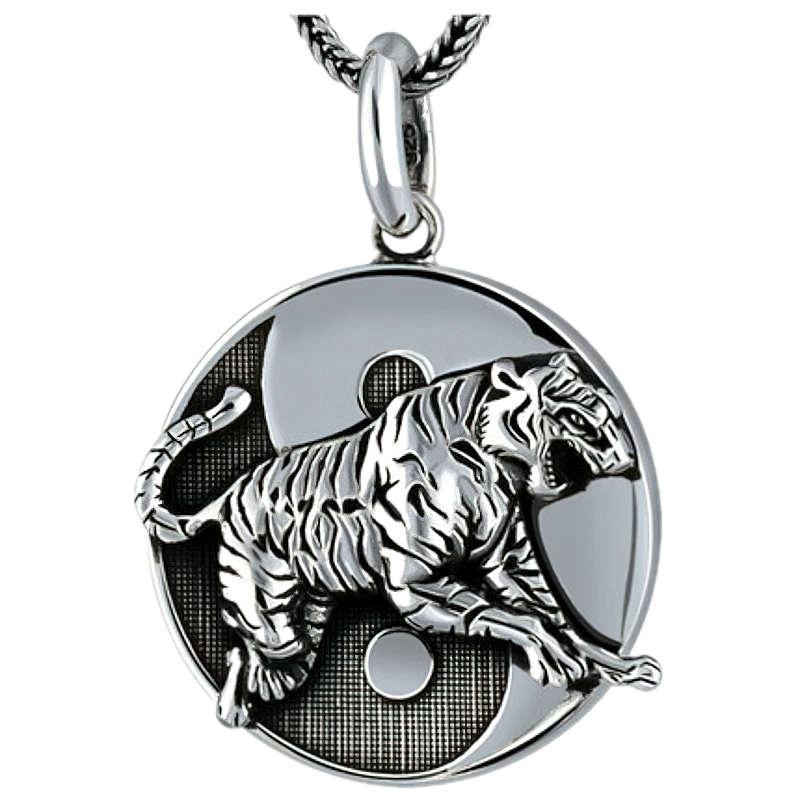 Unisex retro sterling silver pendant featuring a tiger design and yin-yang symbol, perfect for stylish outfits.