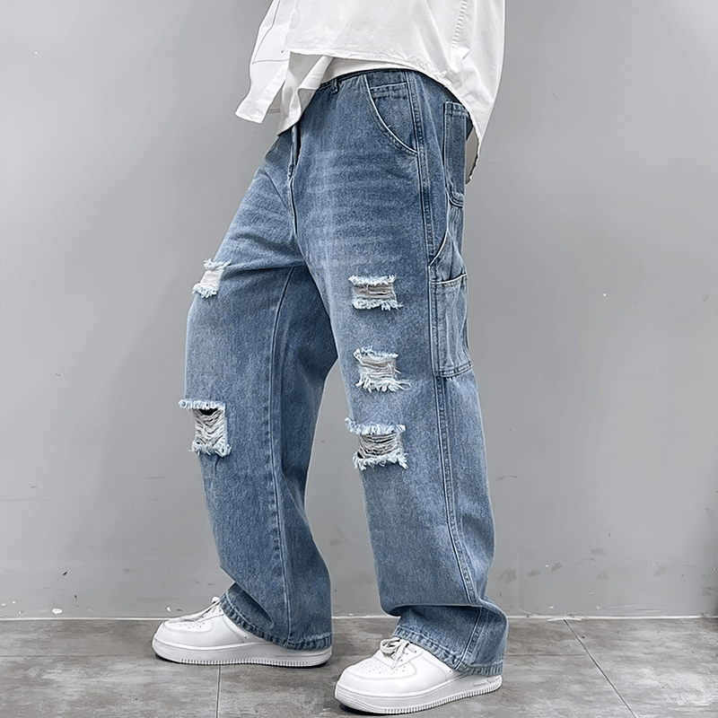 Fashion Ripped Straight Baggy Jeans / Men's Denim Clothing / Casual Comfy Male Pants