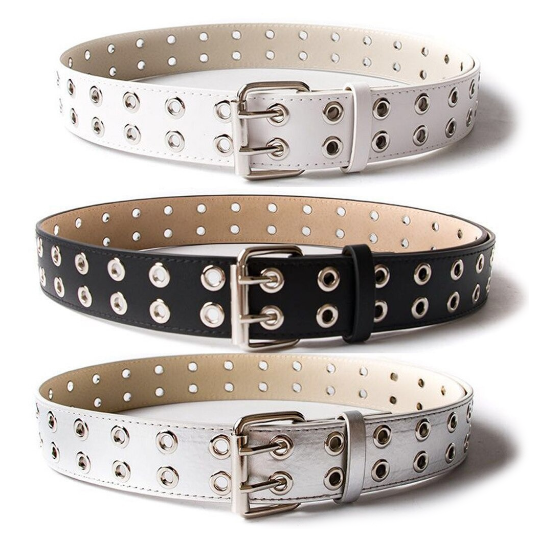 Fashionable unisex punk belts in black and white with grommets, perfect for adding a stylish touch to any outfit.
