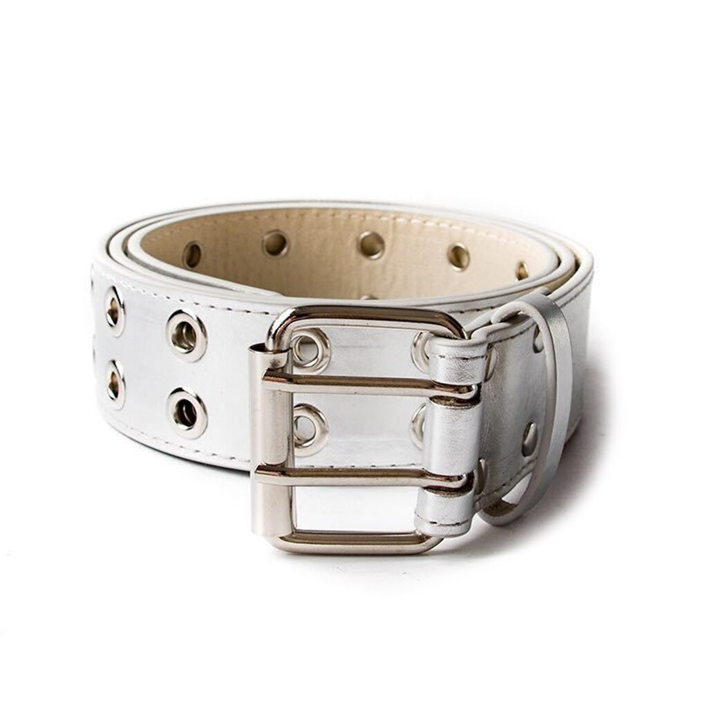 Stylish unisex PU leather belt featuring silver grommets and a chic double buckle, perfect for adding a punk flair to any outfit.