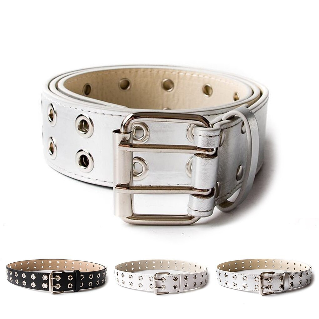 Trendy unisex PU leather grommet belt in black and white, featuring rivets and a stylish buckle for a punk look.