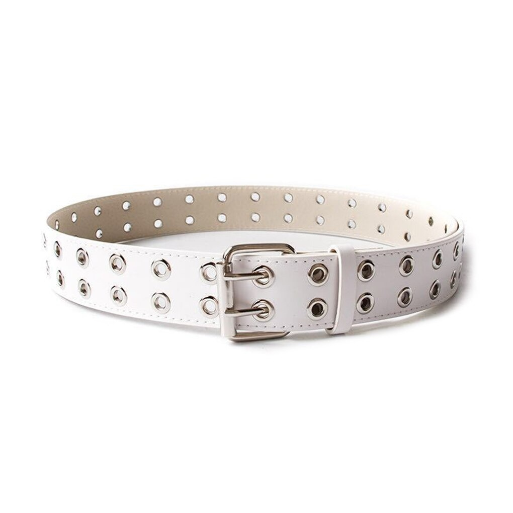 Fashion white PU leather punk belt with grommets and a buckle, perfect for adding edge to any outfit.