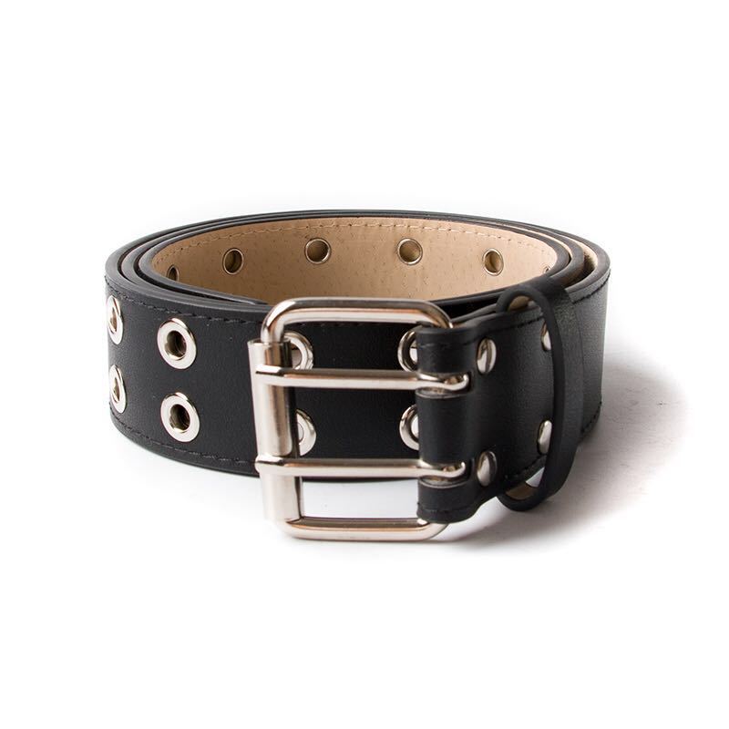 Fashionable black PU leather belt with metal grommets and double buckle, perfect for a punk style look.
