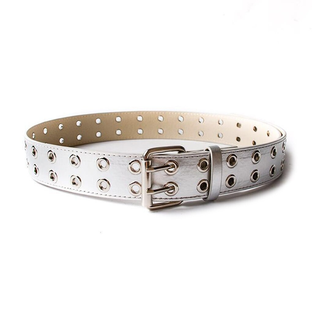 White PU leather punk belt with rivets and grommets, perfect for unisex fashion styles and adding a bold touch to outfits.