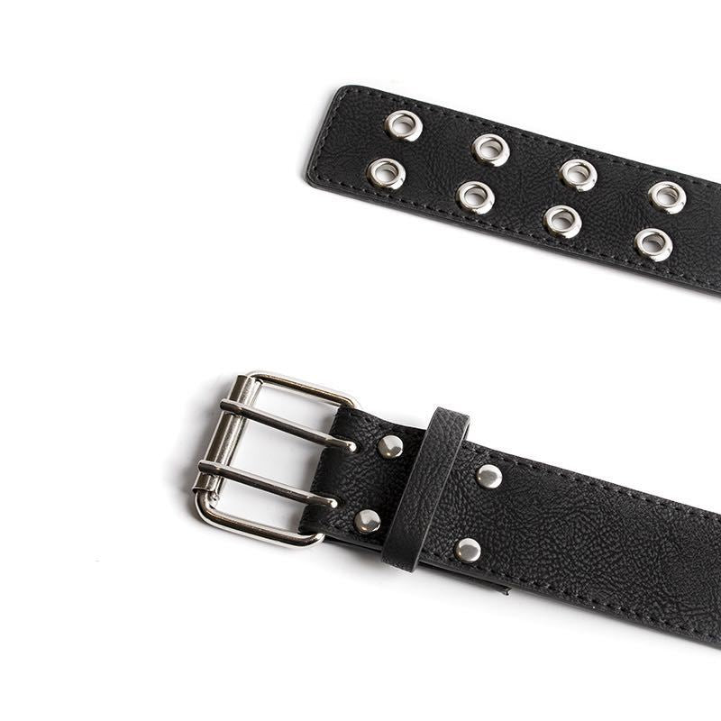 Black PU leather punk belt with rivets and a silver buckle, perfect for adding a modern edge to any outfit.