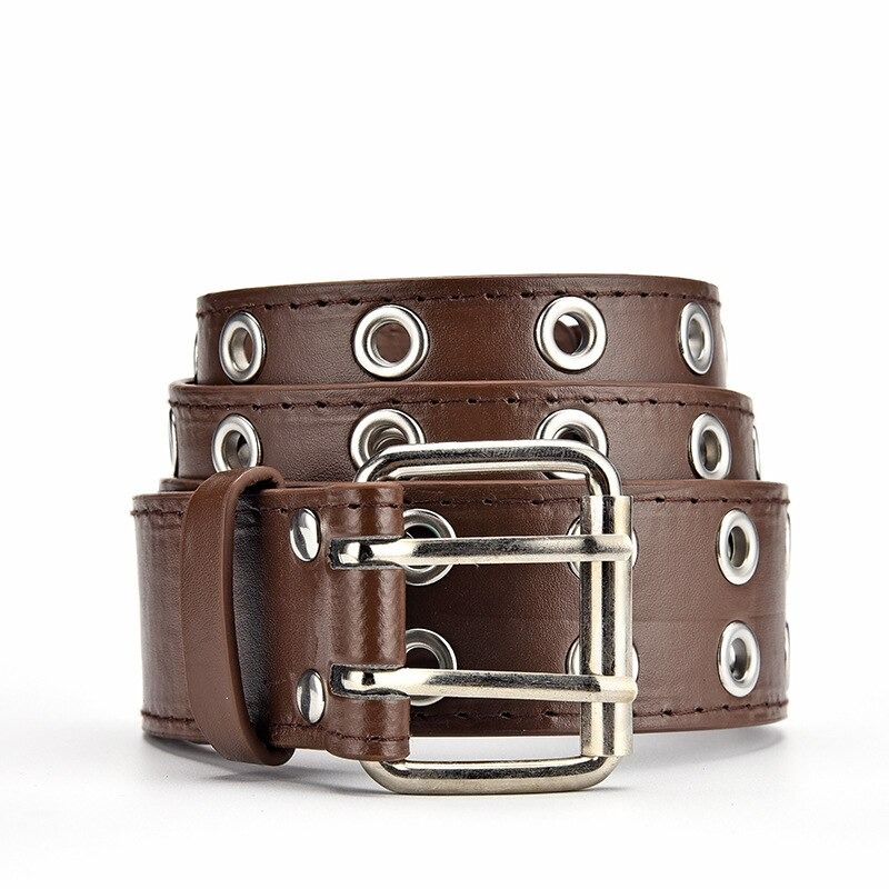 Fashion luxury punk grommet belt in brown PU leather with silver rivets and buckle, perfect for unisex styles.