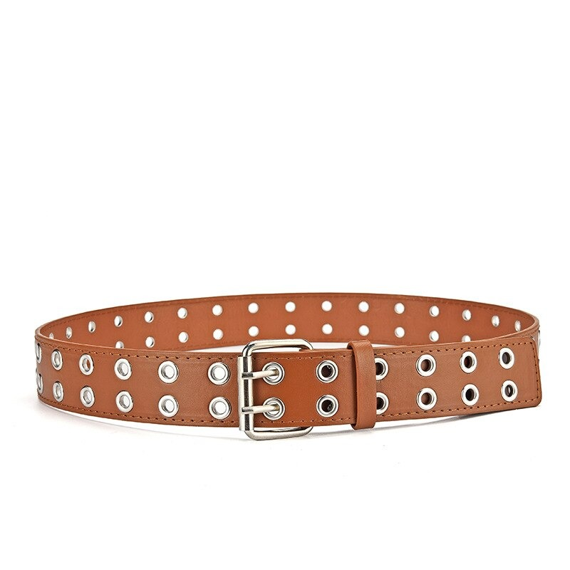 Fashion luxe PU leather punk style belt with silver grommets and a classic buckle for unisex outfits.