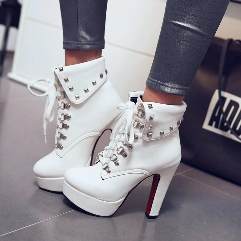 Fashion Rivets Lace Up Ankle Boots / Thick High Heels Women's Boots - HARD'N'HEAVY