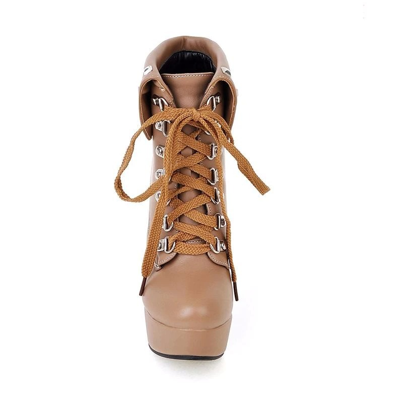 Front view of stylish women's PU leather ankle boots with lace-up design and thick high heels in tan color.
