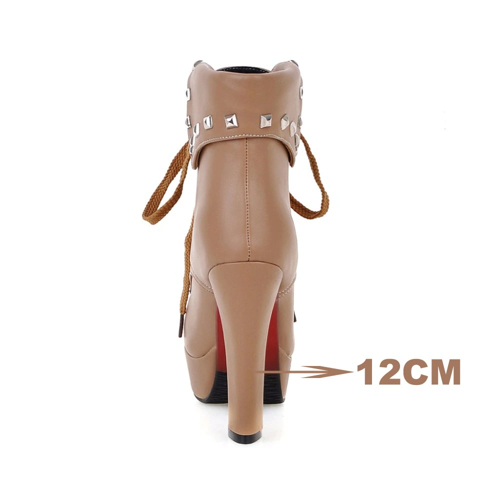 Women's fashion rivets lace-up ankle boots with 12cm thick heels in stylish PU leather.