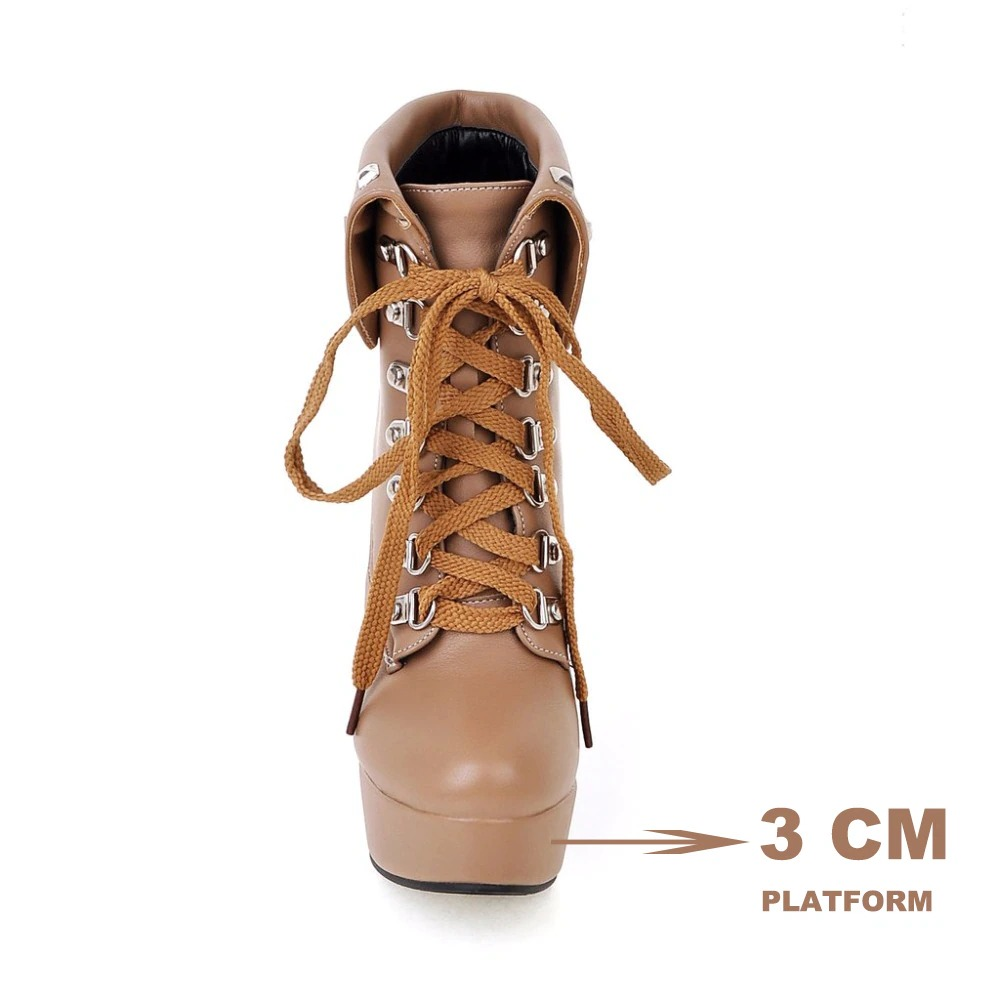 Stylish women's ankle boots with lace-up design, 3 cm platform, and modern punk accents in light brown PU leather.