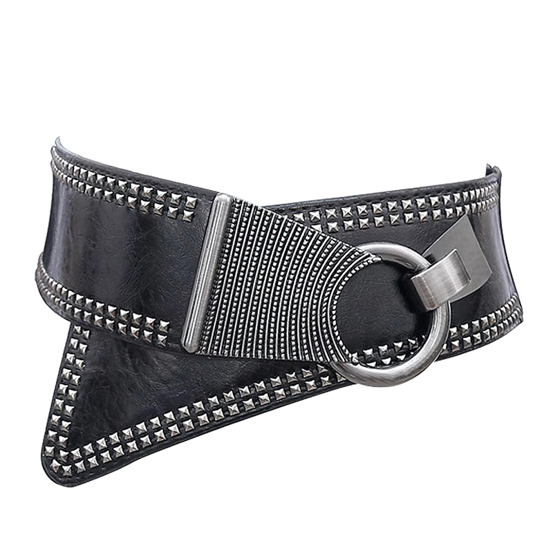 Women's wide rock style belt with round metal buckle and rivets in black leather.