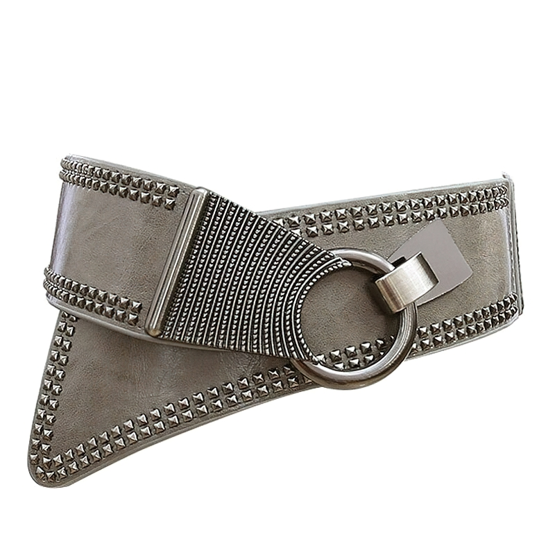Stylish women's wide belt in rock style with round metal buckle and rivets, perfect for adding flair to any outfit.