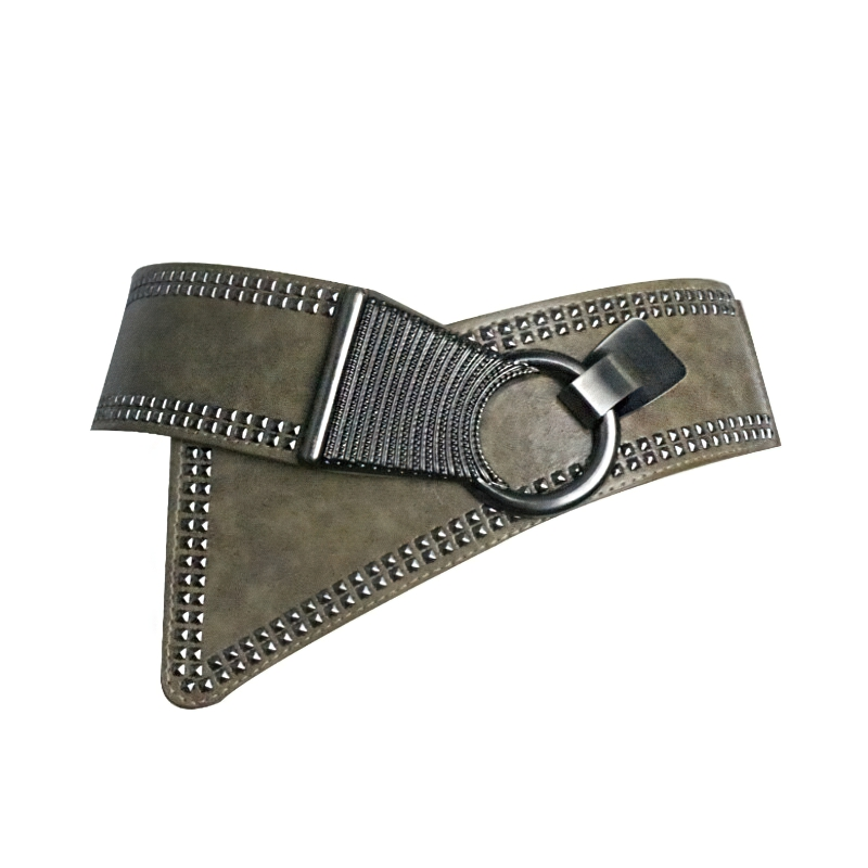 Women's wide belt with rivets and round metal buckle, a stylish rock style accessory.