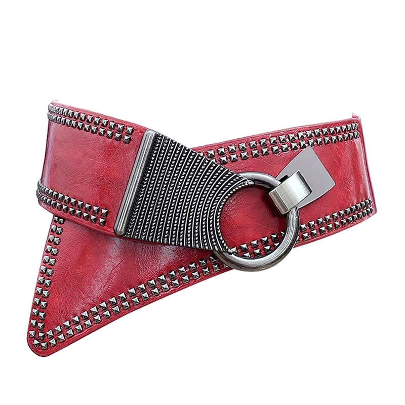 Women's wide red belt with round metal buckle and rivets, perfect rock style accessory.
