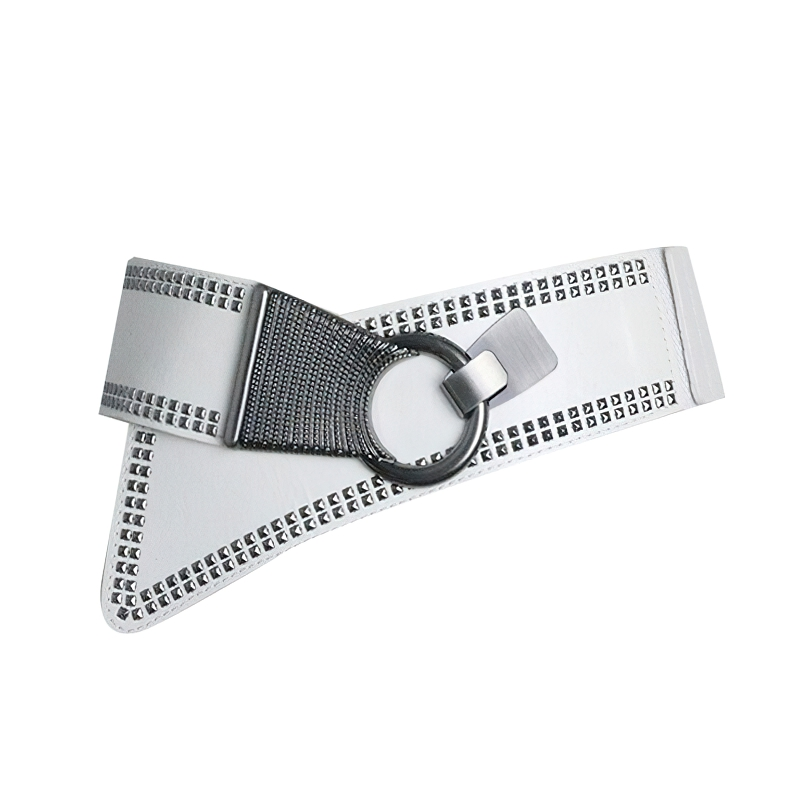 Stylish women's wide belt in white with rivets and round metal buckle, perfect for a rock-style look.
