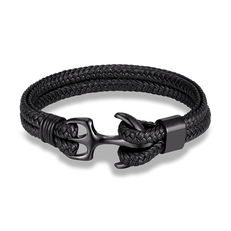 Unisex black rope bracelet featuring a stylish stainless steel anchor, perfect for casual outfits.