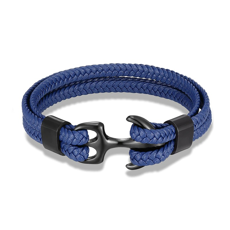 Fashionable blue rope bracelet with stainless steel anchor, perfect unisex casual jewelry for all outfits.
