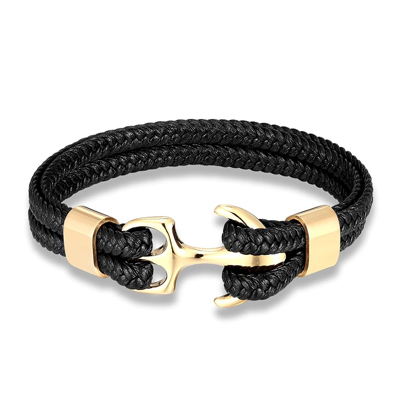 Unisex black rope bracelet with gold stainless steel anchor, perfect casual accessory for any outfit.