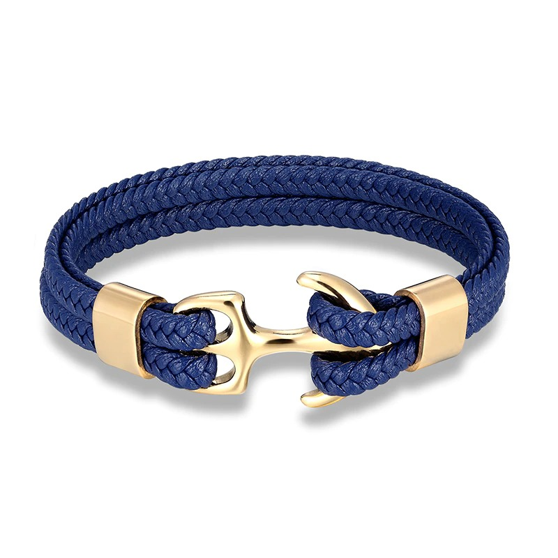 Blue rope bracelet with gold anchor clasp, stylish unisex casual jewelry for any outfit.