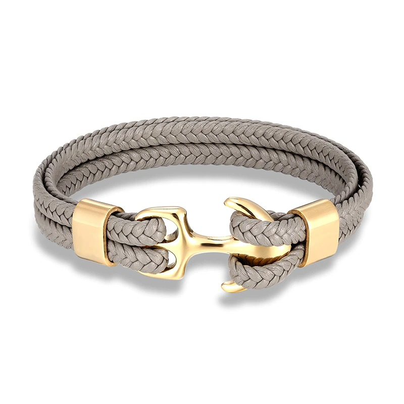 Fashionable unisex rope bracelet in grey with a stylish gold anchor clasp, perfect for casual outfits.