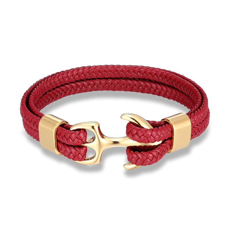 Fashionable red rope bracelet with stainless steel anchor, perfect unisex casual jewelry for any outfit.