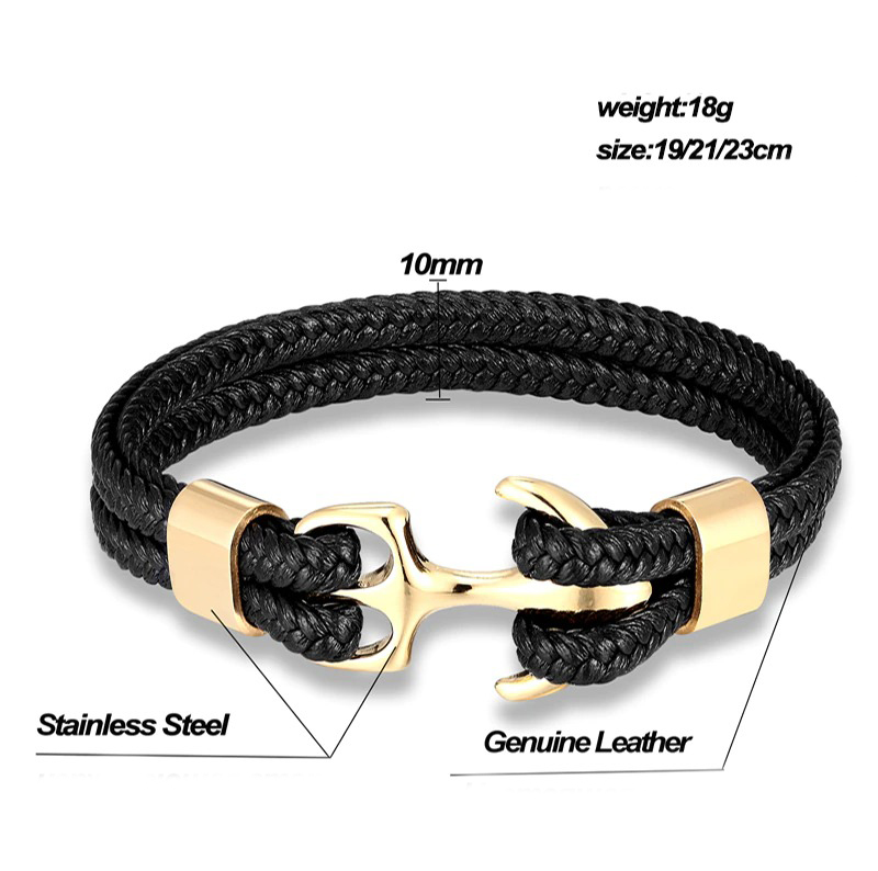 Black rope bracelet with stainless steel anchor and genuine leather, unisex casual jewelry, available in multiple sizes.