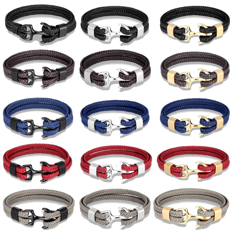 Collection of unisex fashion rope bracelets with stainless steel anchors in various colors.