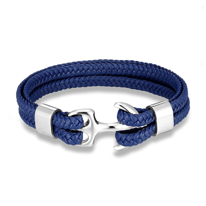 Unisex fashion rope bracelet in blue with stainless steel anchor accents, perfect casual accessory for any outfit.