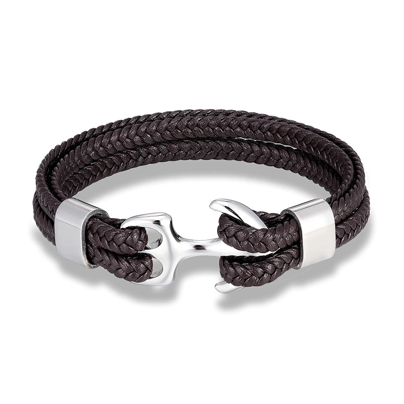 Unisex fashion rope bracelet with stainless steel anchor, made from genuine leather in dark brown color.
