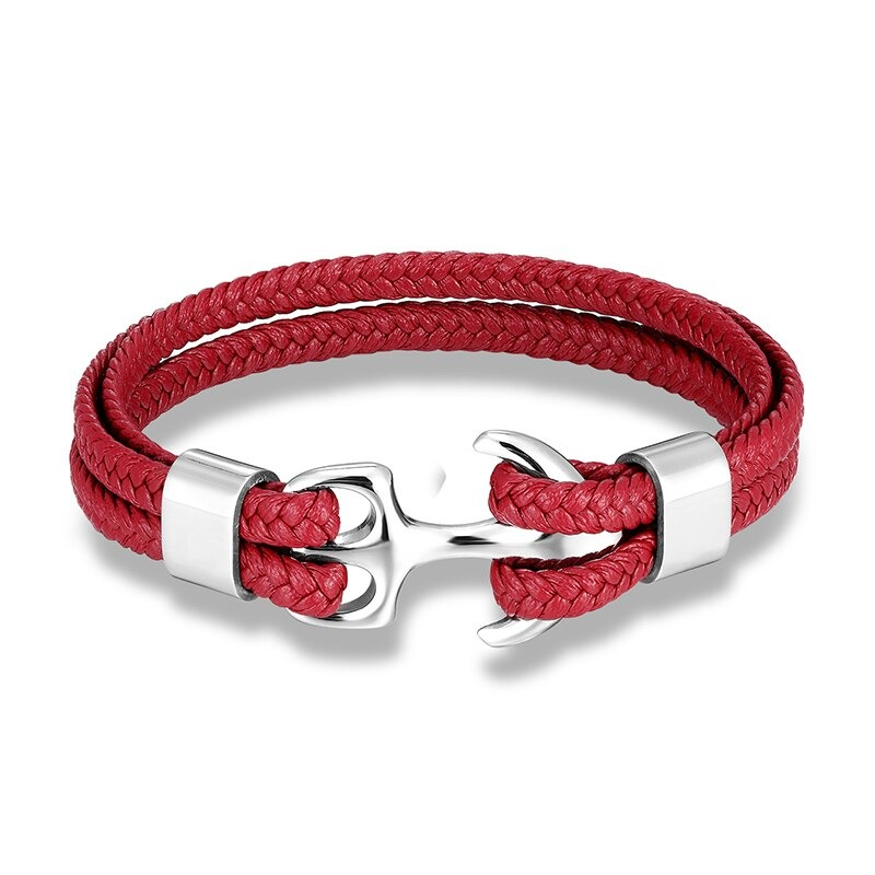 Fashionable red rope bracelet with stainless steel anchor, perfect unisex casual jewelry for any outfit.