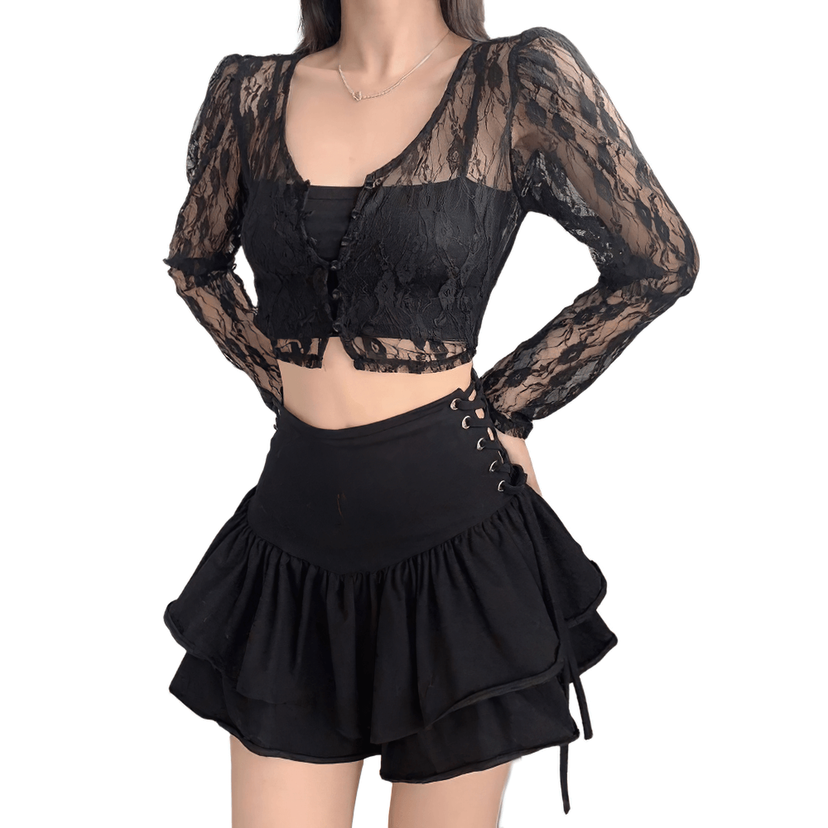 Fashionable black lace crop top for women, featuring long sleeves and a gothic style, perfect for a chic outfit.