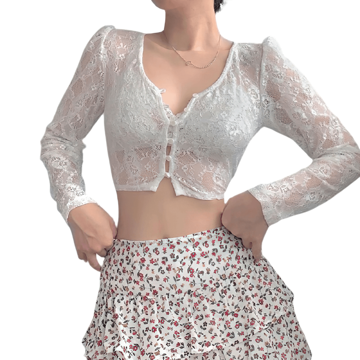 Gothic style women's crop lace top with button detail and long sleeves, paired with a floral skirt for a trendy summer look.