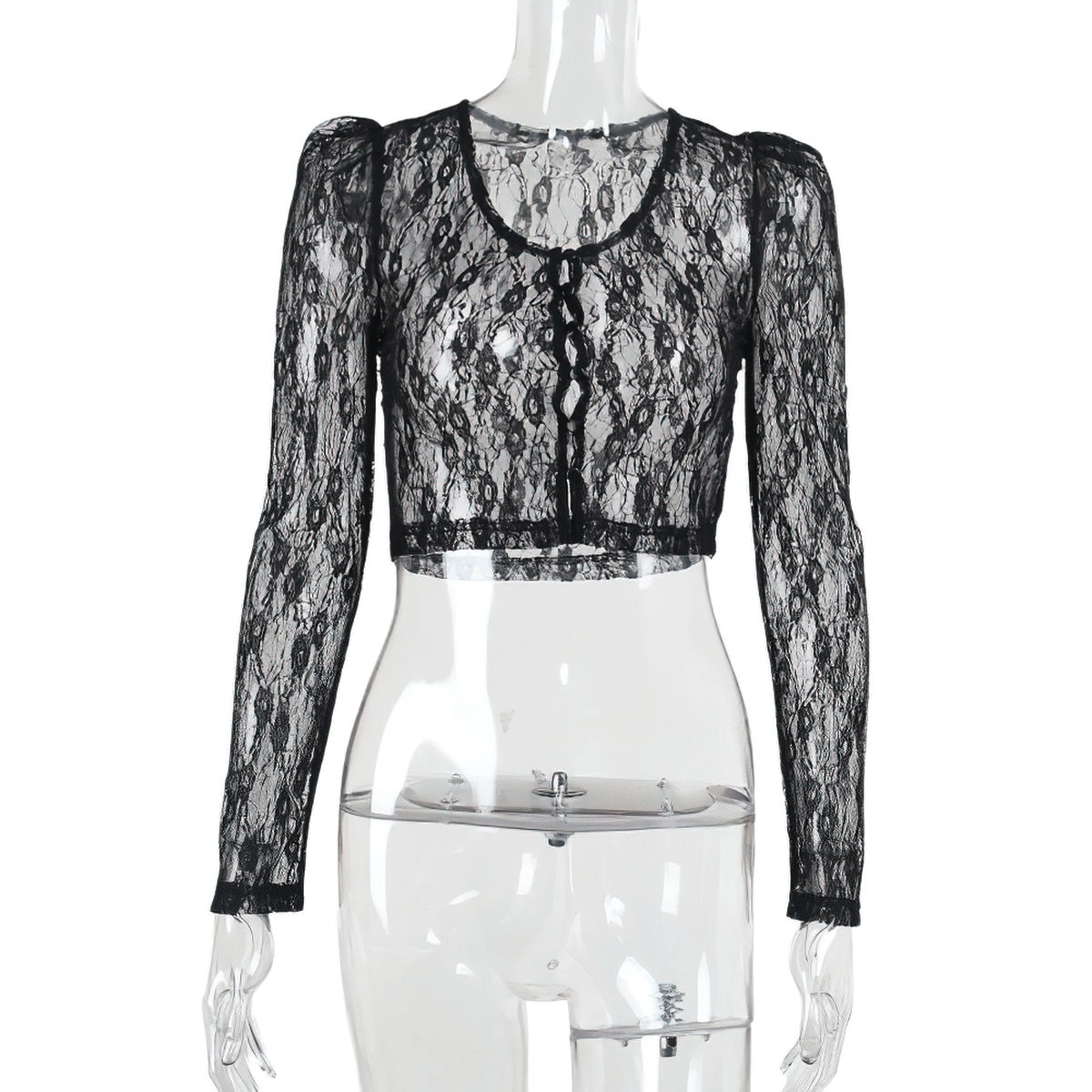 Fashion sexy black lace crop top for women, featuring long sleeves and gothic style. Perfect for chic, aesthetic looks.