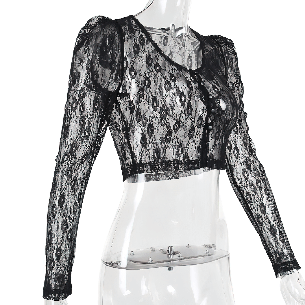 Fashion sexy lace see-through crop top for women, gothic style, black long sleeve design, premium lace fabric.