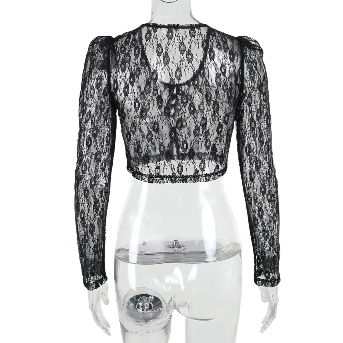 Back view of a women's gothic lace crop top with long sleeves in elegant black fabric.