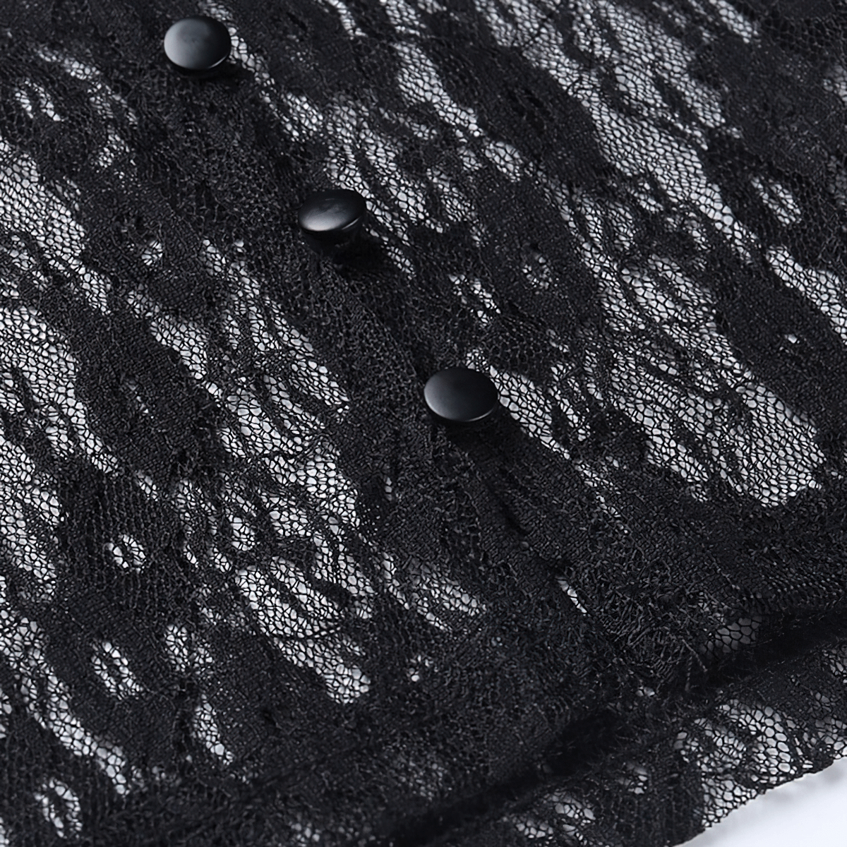 Black lace crop top featuring aesthetic buttons, perfect for gothic fashion lovers.