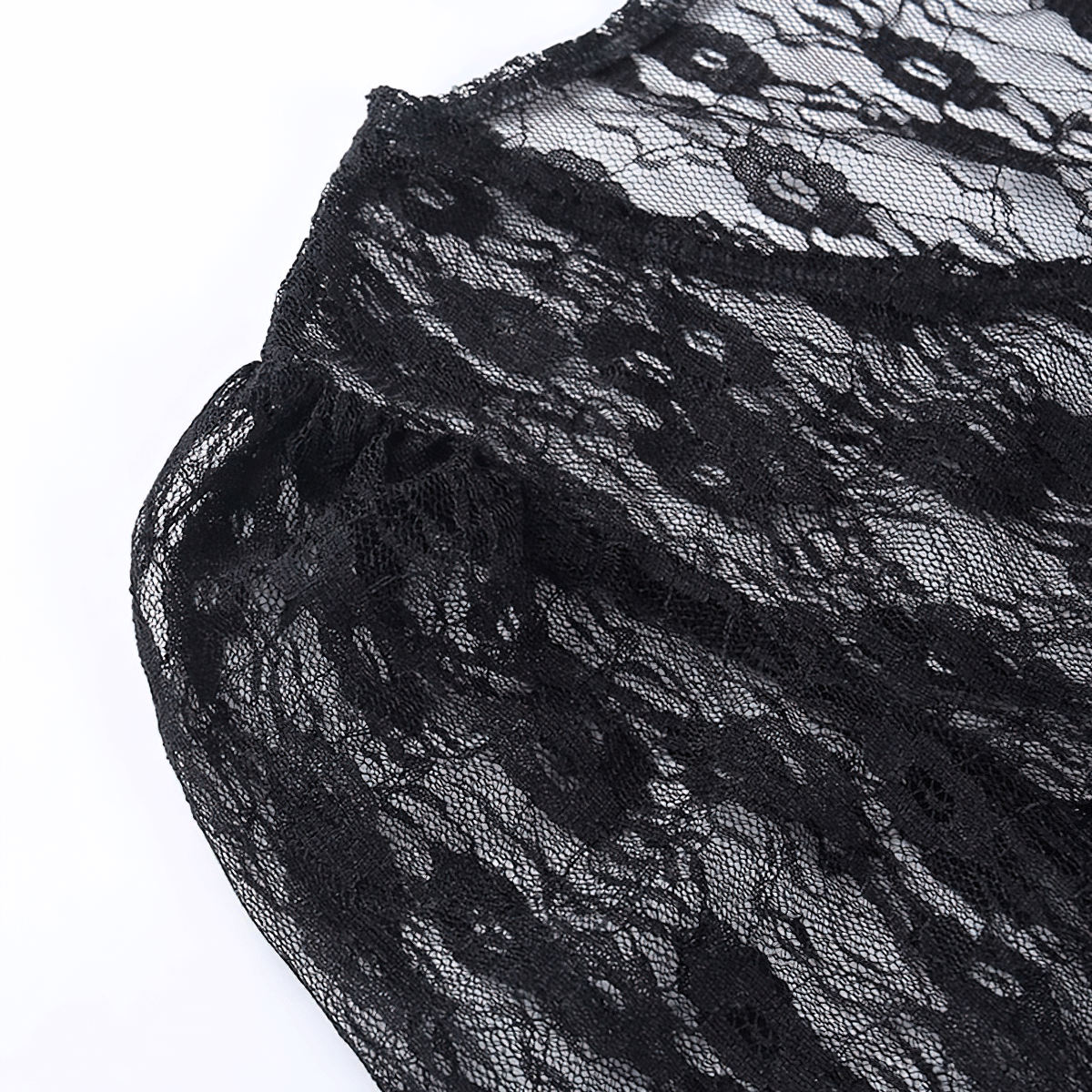 Close-up of women's black lace crop top with sheer design, perfect for gothic style fashion.